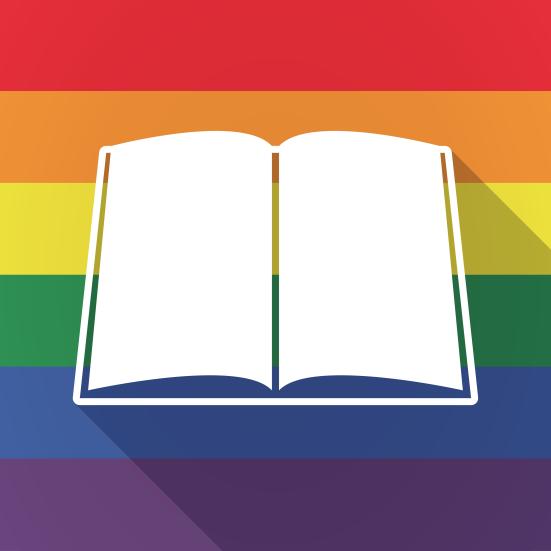 Ikonografisk repræsentation af en bog på en regnbuefarvet baggrund. 