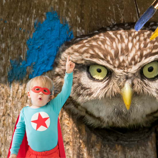 Ugle, der titter frem, en dreng i udklædning og pensler med maling