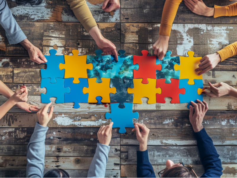 Hænder der samler puslespilsbrikker sammen